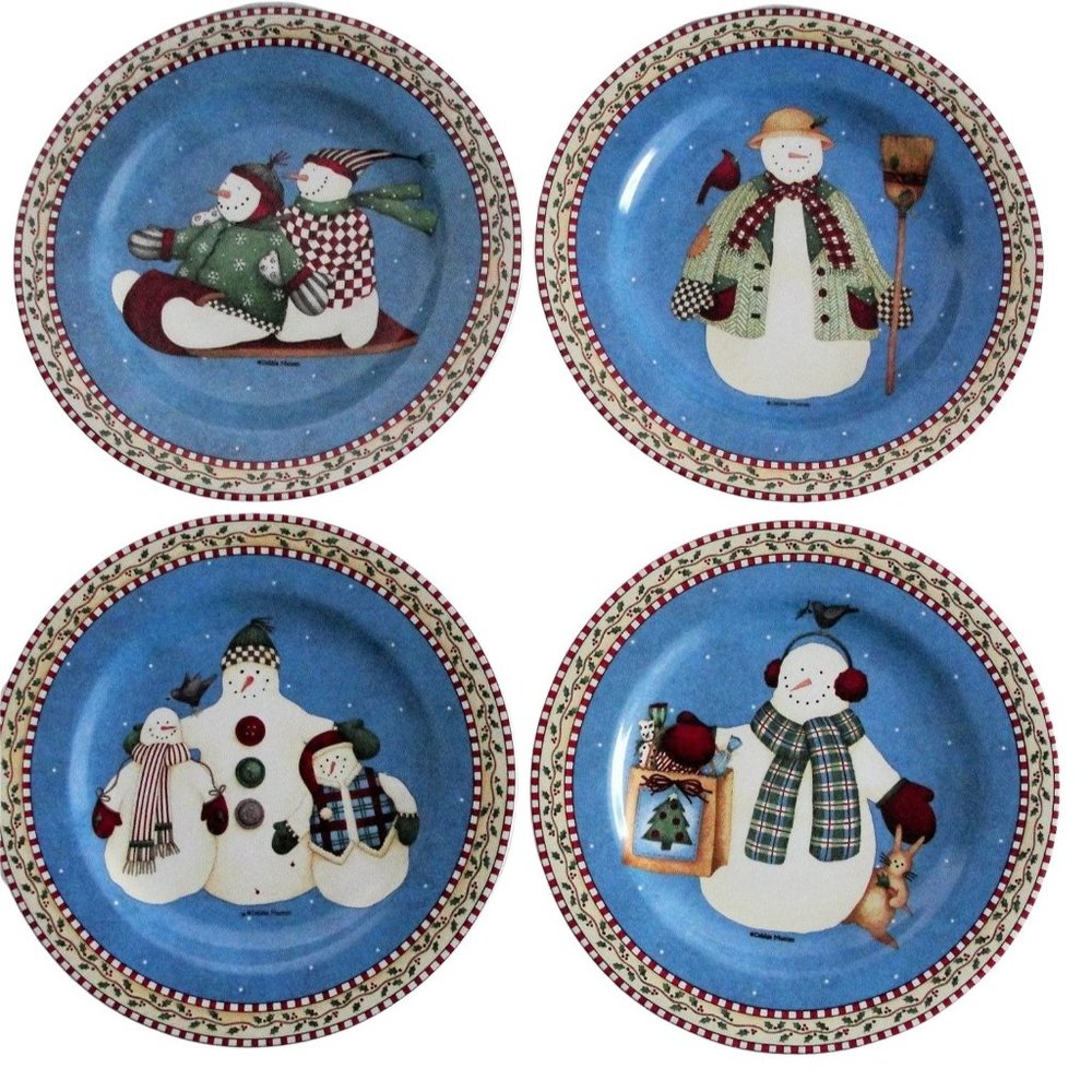 Vintage 2000 Jolly Snowmen Debbie Mumm Sakura  Set of 4 Luncheon Salad‎ Plates